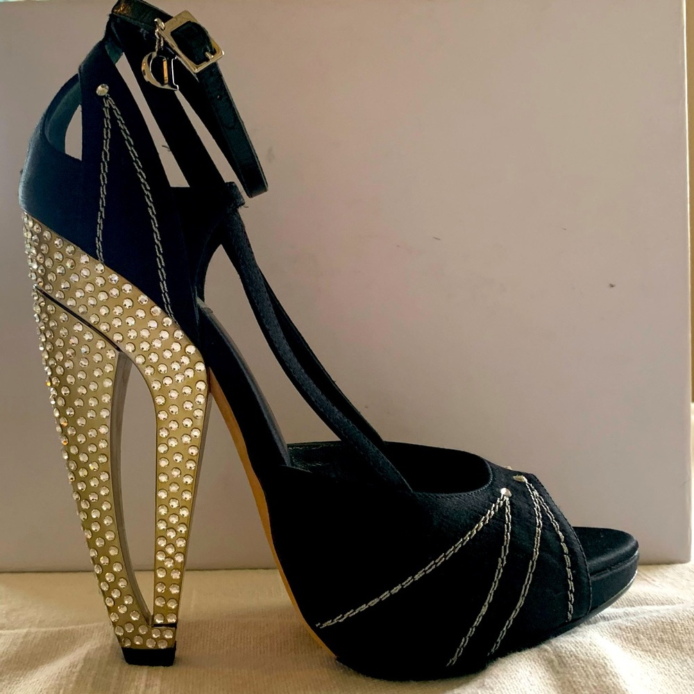 RARE Runway Dior by Galliano Folies Sandal Crystal Heel Black Satin 38 NIB